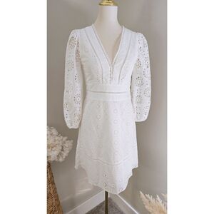 Banana Republic White Eyelet Puff Sleeve  Fit & Flare Long Sleeves Mini Dress